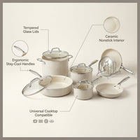Cookware+ 8-Piece Ceramic Nonstick Cookware Set in Cream — infographic