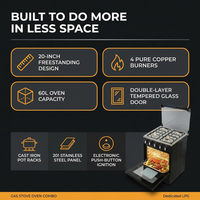 Gas Range with Double-Layer Glass Door, 4 Burners, Cast Iron Rack, 60L Capacity, Dedicated LPG — Results & Stats