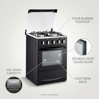 Gas Range with Double-Layer Glass Door, 4 Burners, Cast Iron Rack, 60L Capacity, Dedicated LPG — infographic