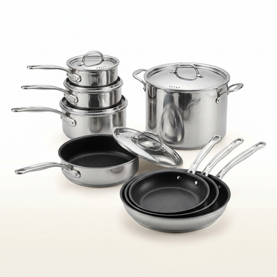 Stainless Steel Cookware Set Built for Professional Performance, Tri-Ply Construction, Aluminum Core, 11 Pieces
