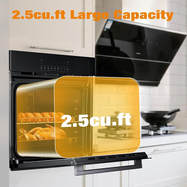 24" Single Wall Oven: Stainless Steel, Black, ETL Certified, 70L Built-In Electric, 3000W Power, 8 Cooking Functions & 108 Automatic Recipes, Led Touch Control