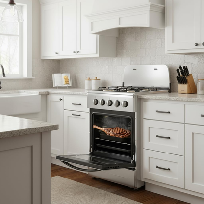 20" Free Standing Gas Stove Oven Range,4 Burner LPG Cooktop with 65L Oven, 201 Stainless Steel Body, Double Layer Mirror Surface Tempered Glass Door, Compact Design for Kitchen (LPG)
